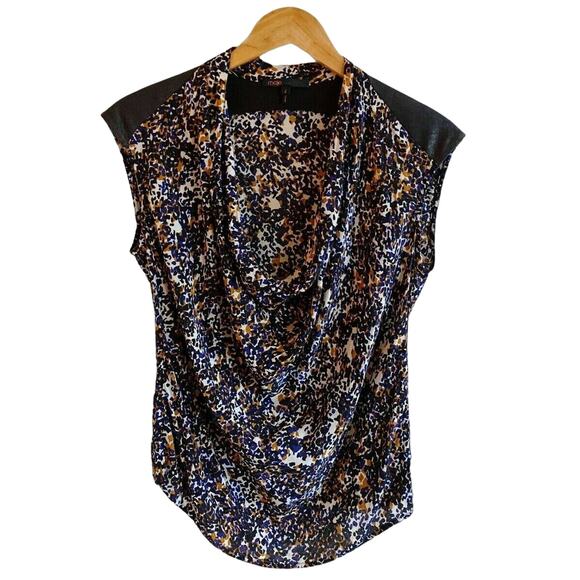 MAJE Blouse Cowl Neck Blouse Top Black Colorful Faux Suede Details Sleeveless 2 - Picture 8 of 8